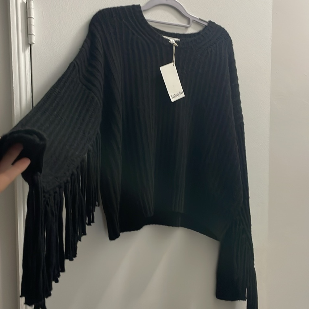 Splendid Britain rib fringe sleeve sweater in black